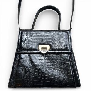 Vintage Black Croc Embossed Leather Handbag Neiman Marcus Collection